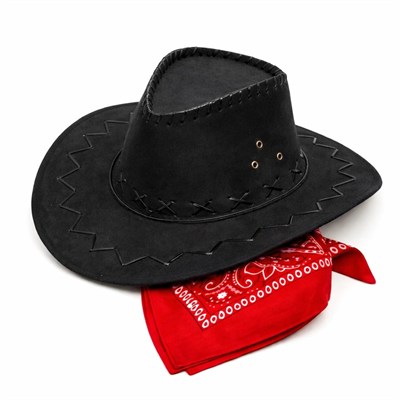 Mey İthalat® Çocuk Kovboy Şapka Siyah & Kırmızı Bandana Fular Seti