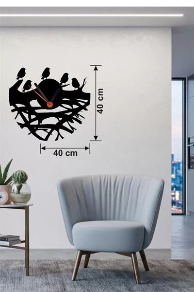 Mey İthalat® Dallarda Kuşlar Tasarım Ahşap Duvar Saati - 40x40 cm Dekoratif Saat