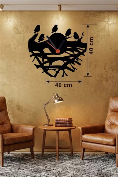 Mey İthalat® Dallarda Kuşlar Tasarım Ahşap Duvar Saati - 40x40 cm Dekoratif Saat