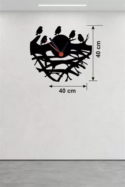 Mey İthalat® Dallarda Kuşlar Tasarım Ahşap Duvar Saati - 40x40 cm Dekoratif Saat