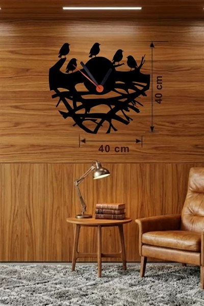 Mey İthalat® Dallarda Kuşlar Tasarım Ahşap Duvar Saati - 40x40 cm Dekoratif Saat