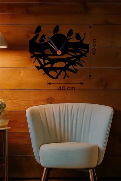 Mey İthalat® Dallarda Kuşlar Tasarım Ahşap Duvar Saati - 40x40 cm Dekoratif Saat