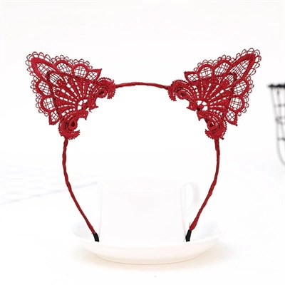 Mey İthalat® Dantelli Kırmızı Kedi Tacı - Vintage Tarz Dantel Kedi Kulak