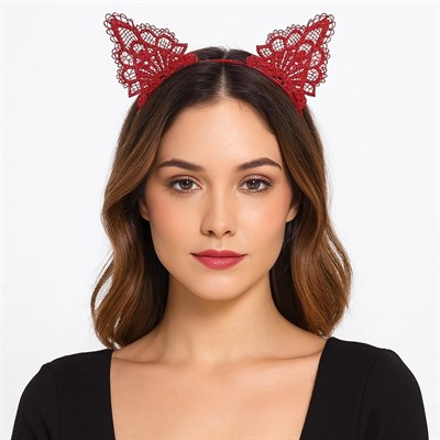 Mey İthalat® Dantelli Kırmızı Kedi Tacı - Vintage Tarz Dantel Kedi Kulak