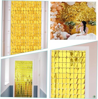 Mey İthalat® Ekstra Metalize Altın Renk Disko Dikdörtgen Kesim Kapı Perdesi Dekorasyon 1x2 Metre