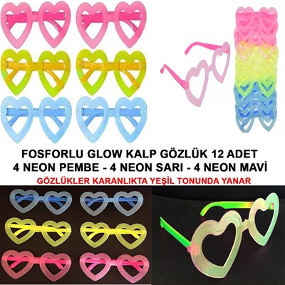 Mey İthalat® Fosforlu Kalp Model Glow Parti Gözlüğü Karanlıkta Yanan Gözlükler 12 Adet