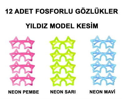 Mey İthalat® Fosforlu Yıldız Model Glow Parti Gözlüğü Karanlıkta Yanan Gözlükler 12 Adet