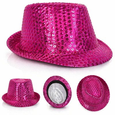 Mey İthalat® Fuşya Pembe Payetli Disco Parti Şapkası Yetişkin Işıltılı Fötr Model