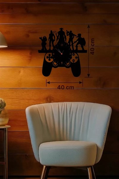 Mey İthalat® Gamer Oyun Odası Dekoratif Duvar Saati - 40x40 cm Lazer Kesim Ahşap Joystick ve Oyun Karakterli Saat