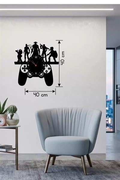 Mey İthalat® Gamer Oyun Odası Dekoratif Duvar Saati - 40x40 cm Lazer Kesim Ahşap Joystick ve Oyun Karakterli Saat