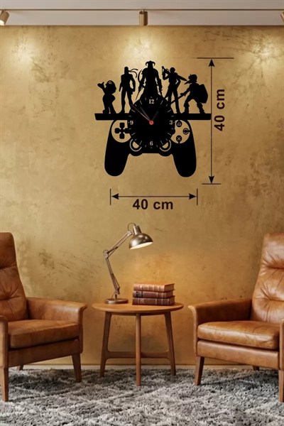 Mey İthalat® Gamer Oyun Odası Dekoratif Duvar Saati - 40x40 cm Lazer Kesim Ahşap Joystick ve Oyun Karakterli Saat