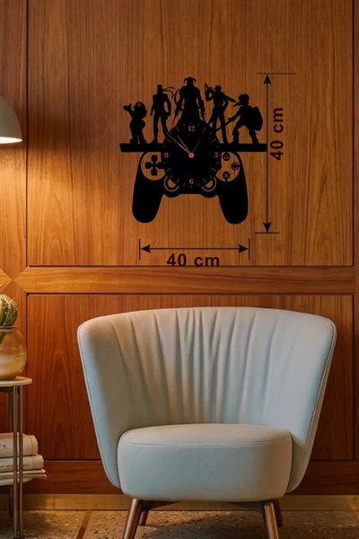 Mey İthalat® Gamer Oyun Odası Dekoratif Duvar Saati - 40x40 cm Lazer Kesim Ahşap Joystick ve Oyun Karakterli Saat