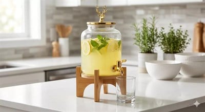 Mey İthalat® Geyik Figürlü Gold Lüks Cam İçecek Sebili - 3.6 Litre Bambu Standlı Meyve Suyu Kovası
