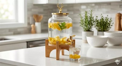 Mey İthalat® Geyik Figürlü Gold Lüks Cam İçecek Sebili - 3.6 Litre Bambu Standlı Meyve Suyu Kovası