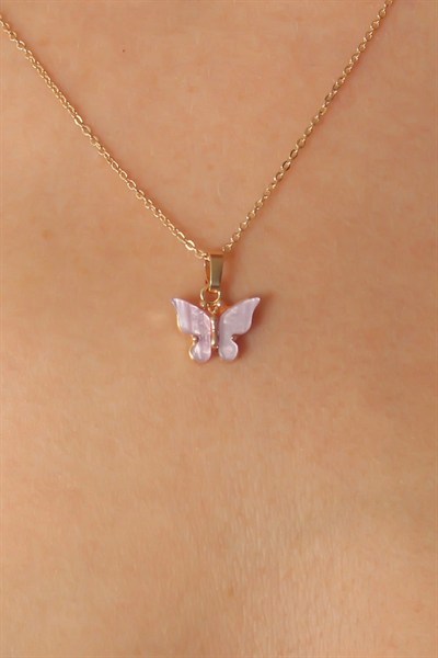 Mey İthalat® Gold Lila Renk Kelebek Figür Kadın Kolye