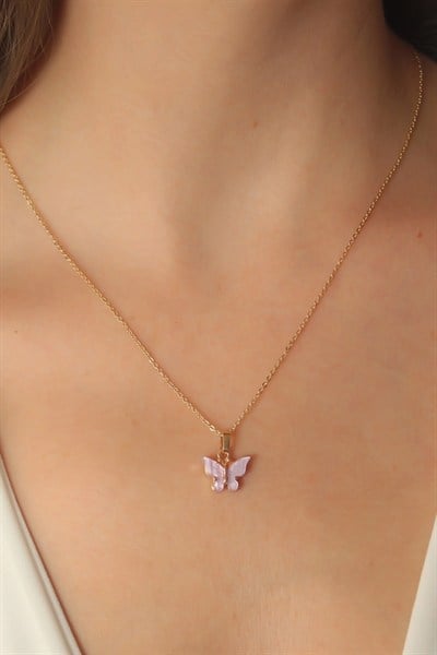 Mey İthalat® Gold Lila Renk Kelebek Figür Kadın Kolye