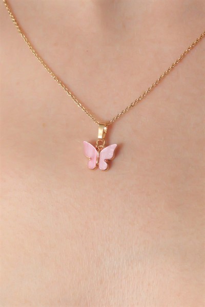Mey İthalat® Gold Pembe Renk Kelebek Figür Kadın Kolye
