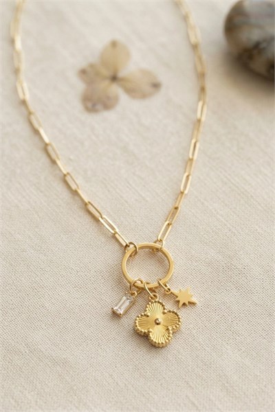 Mey İthalat® Gold Renk Ataç Zincir Yonca Model Kadın Kolye