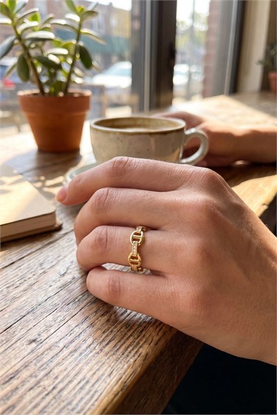 Mey İthalat® Gold Renk Gemi Zincir Model Zirkon Taşlı Kadın Yüzük