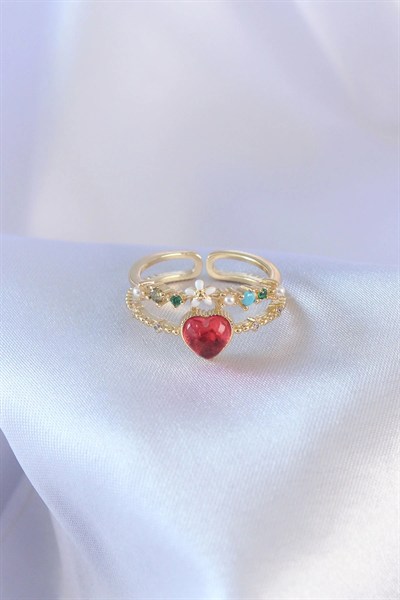 Mey İthalat® Gold Renk Kırmızı Zirkon Taş Kalp Model Pirinç Kadın Yüzük