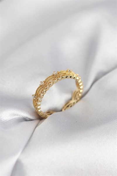 Mey İthalat® Gold Renk Motif Desenli Zirkon Taşlı Kadın Yüzük