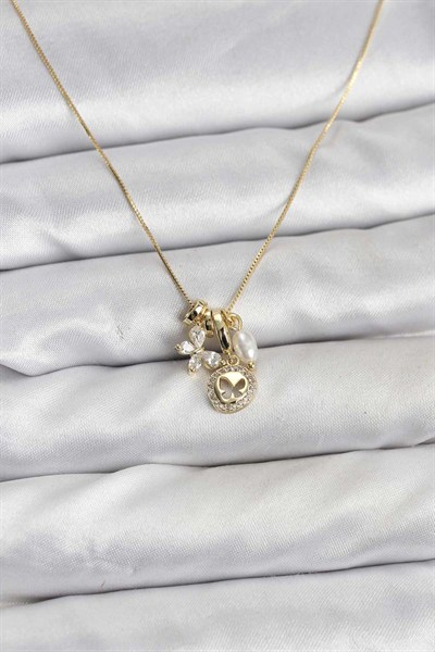 Mey İthalat® Gold Renk Pirinç Minimal Kelebek Charmlı Kadın Kolye