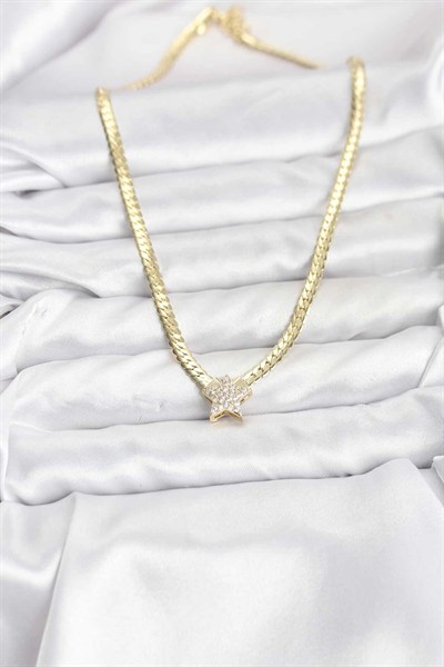 Mey İthalat® Gold Renk Pirinç Yıldız Zirkon Taşlı Kadın Kolye