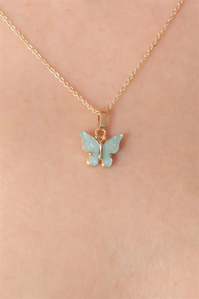 Mey İthalat® Gold Renk Su Yeşili Kelebek Figür Kadın Kolye