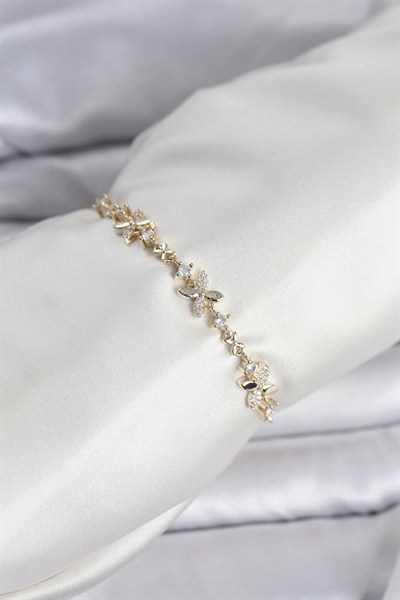 Mey İthalat® Gold Renk Yonca Model Zirkon Taşlı Asansörlü Kadın Bileklik