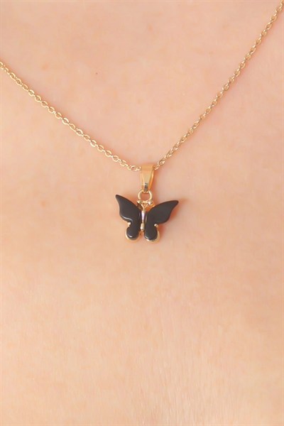 Mey İthalat® Gold Siyah Renk Kelebek Figür Kadın Kolye