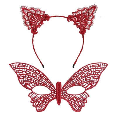 Mey İthalat® Gösterişli Kırmızı Dantel Maske ve Taç Seti 7 No – Masquerade ve Davetler için