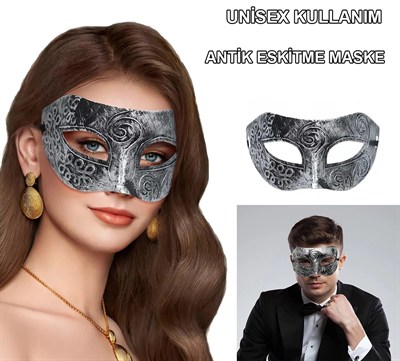 Mey İthalat® Gümüş Eskitme Yüz Maskesi - Antik Tarz Balo Maskesi