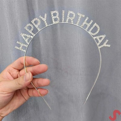 Mey İthalat® Gümüş Kristal Taşlı Happy Birthday Doğum Günü Tacı İthal Ürün A Kalite 17x16 cm