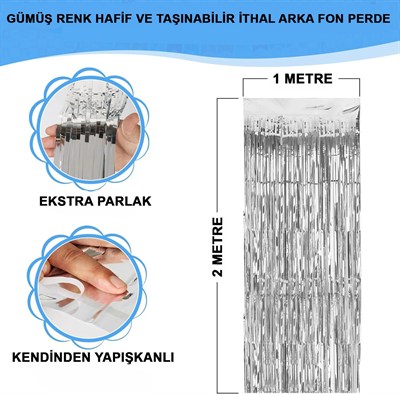 Mey İthalat® Gümüş Renk Ekstra Metalize Parlak Saçaklı Arka Fon Perde İthal A Kalite 1x2 Metre