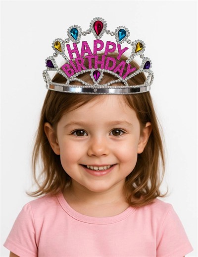 Mey İthalat® Gümüş Renk Happy Birthday Yazılı Doğum Günü Tacı 60 cm