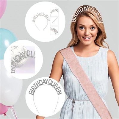 Mey İthalat® Gümüş Renk Kristal Taşlı Parlak Birthday Queen Yazılı Kraliçe Taç 16x17 cm