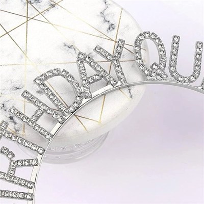 Mey İthalat® Gümüş Renk Kristal Taşlı Parlak Birthday Queen Yazılı Kraliçe Taç 16x17 cm