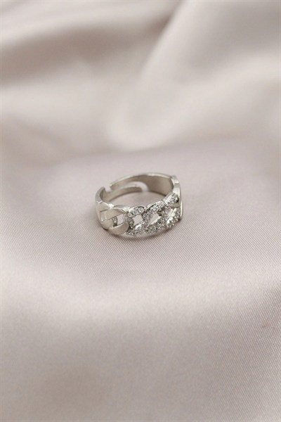 Mey İthalat® Gümüş Renk Metal Zincir Model Taşlı Kadın Yüzük