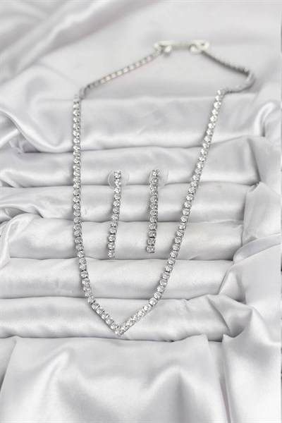 Mey İthalat® Gümüş Renk Zirkon Taşlı Kadın Kolye Küpe Seti