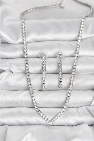 Mey İthalat® Gümüş Renk Zirkon Taşlı Kadın Kolye Küpe Seti