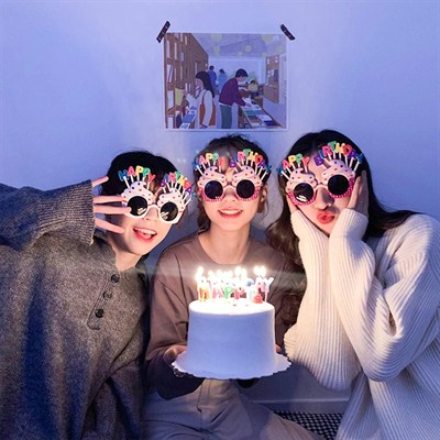 Mey İthalat® Happy Birthday Yazılı Pembe Fuşya Renk Pembe Pastalı Parti Gözlüğü 12x7 cm