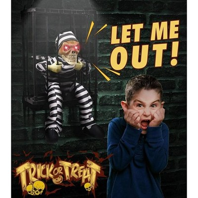 Mey İthalat® Hareketli Sesli Sensörlü Mahkum Görünümlü Kuru Kafa İskelet Dekorasyon 22x27 cm