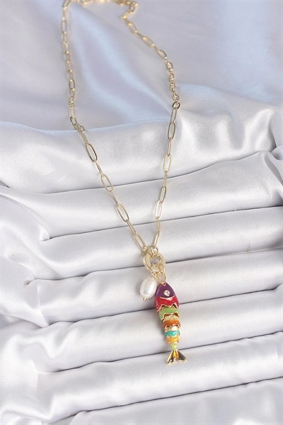 Mey İthalat® İnci Detaylı Zirkon Taşlı Rainbow Balık Figürlü Gold Renk Pirinç Kolye