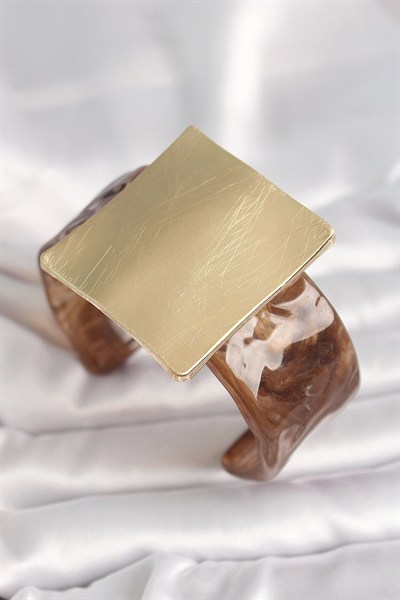 Mey İthalat® Kahverengi Mermer Desen Akrilik Plastik Gold Kare Plaka Model Vintage Kadın Bilezik