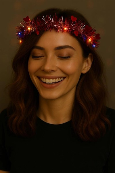 Mey İthalat® Kalp Püsküllü Gece Parıltısı 3 Modlu LED'li Işıklı Taç Kırmızı Renk