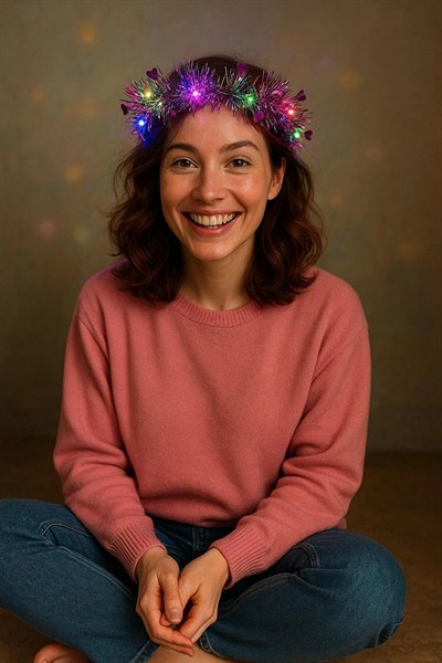 Mey İthalat® Kalp Püsküllü Gece Parıltısı 3 Modlu LED'li Işıklı Taç Fuşya Renk