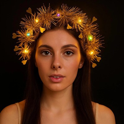 Mey İthalat® Kalp Püsküllü Gece Parıltısı 3 Modlu LED'li Işıklı Taç Altın Renk