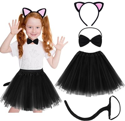Mey İthalat® Kedi Kulak Taç Etek Kuyruk ve Papyon 4 lü Set Çocuk Pembe