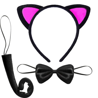 Mey İthalat® Kedi Kulak Taç Kuyruk ve Papyon 3 lü Set Çocuk Boy Fuşya Renk