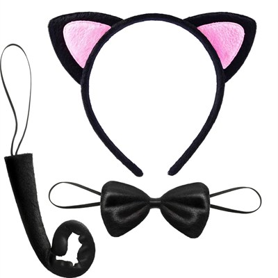 Mey İthalat® Kedi Kulak Taç Kuyruk ve Papyon 3 lü Set Çocuk Boy Pembe Renk